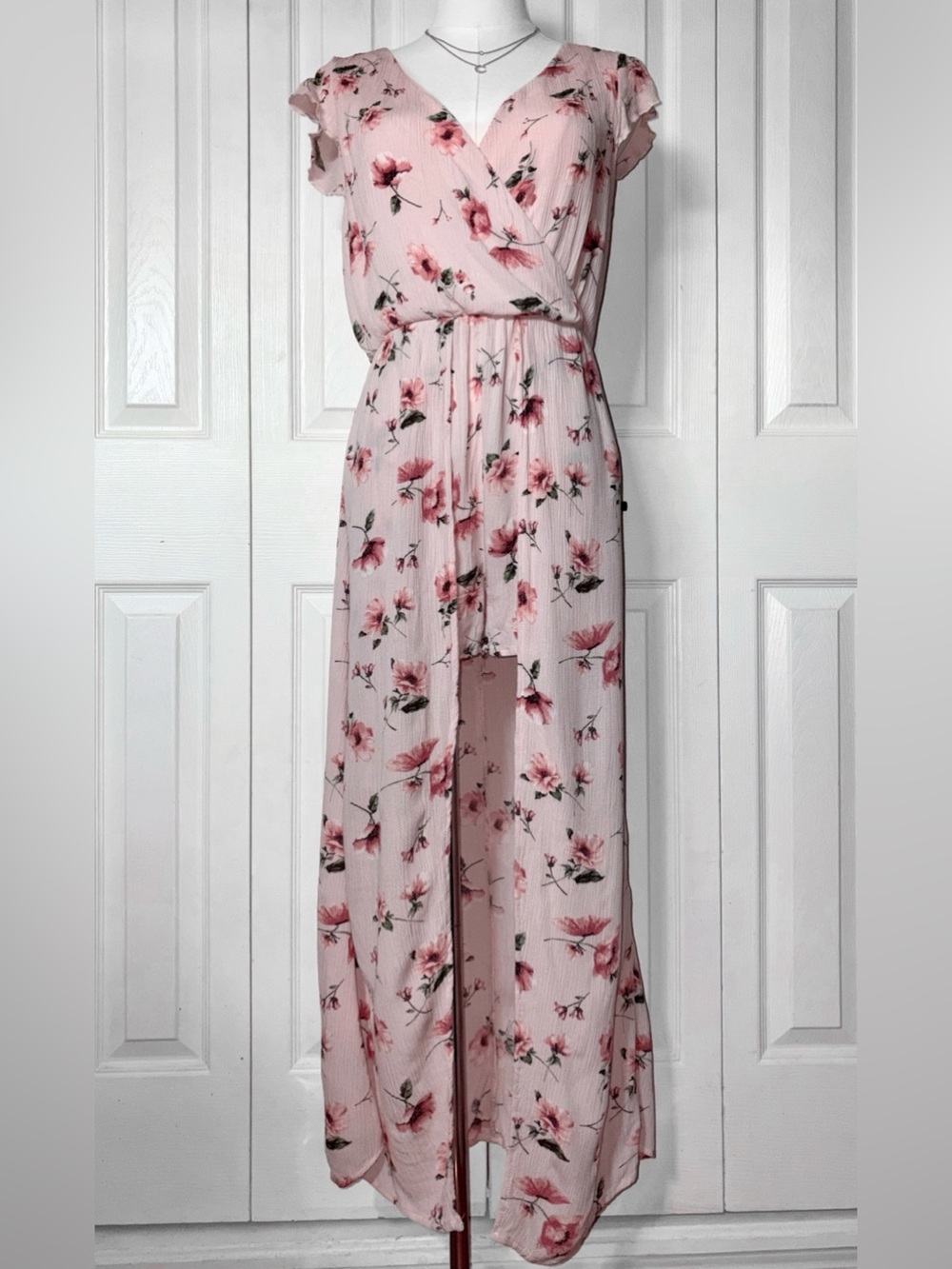 Forever 21 Floral Romper Dress Size Medium Light Pink w/ High-Low Skirt